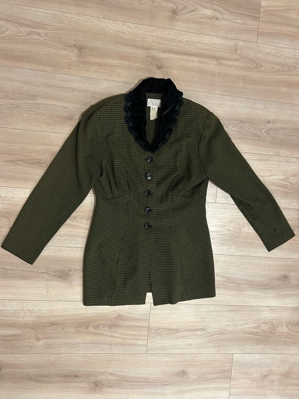 Vintage 80s/90s EXPO Green Micro-Houndstooth Blazer with Velvet Collar